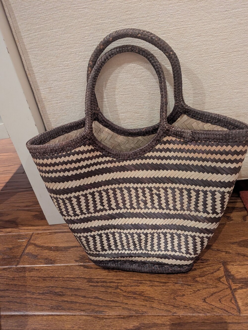 Woven Straw Tote Bag - Brown & Cream
